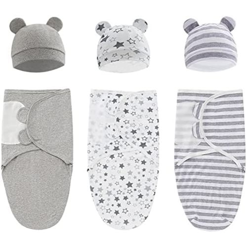 Exemaba Baby Swaddle Sleep Sack with Hat Set for 0-3 months 3-Pack Soft Cotton Newborn Wearable Swaddle Wrap for Girls Boys