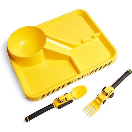 Dinneractive Dining Set for Kids - 3 Piece Construction Themed Toddler Utensils & Toddler Plates - Toddler Forks and Spoons - Kid Plate set