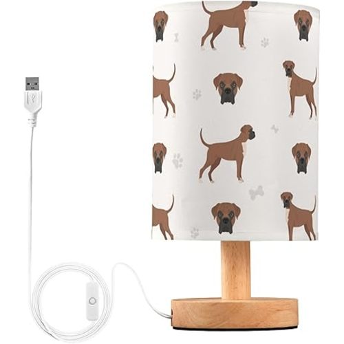 Table Lamp Boxer Dog Pattern Nightstand Lamp with Wood Base Fabric Lamp Shade Bedside Desk Lamp for Living Room Bedroom Kids Room Office