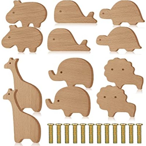 Qunclay Wooden Animal Cabinet Knobs Decorative Wood Dresser Knobs with Screws Dresser Pulls Marine Woodland Natural Wild Animals Pulls Handles Nursery for Home Furniture Decor(Zoo,12 Set)