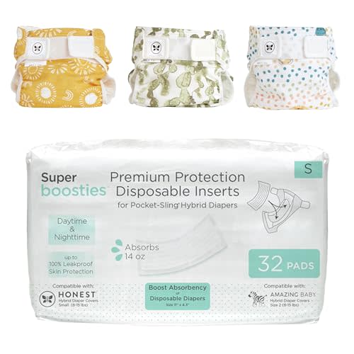 Super Boosties 32ct + Honest Hybrid Cloth Diaper Cover with Pocket-Sling, Small (8-15 lbs), Stops Nighttime Leaks, Boosties Disposable Diaper Inserts, Honest Cotton Muslin Covers, 3 Pack, Starter Kit