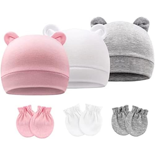 BQUBO Baby Hats and Mittens Infant Cotton Beanie Gloves No Scratch Set Newborn Hospital Hat for Boys Girls 0-6 Months