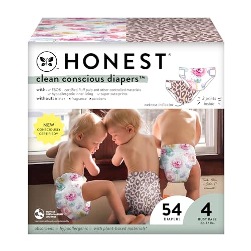 The Honest Company Clean Conscious Diapers for Sensitive Skin | Hypoallergenic, Fragrance Free | Girl Prints | Club Box, Size 4 (22-37 lbs), 54 Count (Prints May Temporarily Vary)