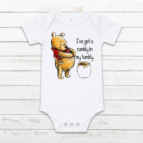 Classic Winnie The Pooh I've Got A Rumbly In My Tumbly Baby Romper, Winnie The Pooh Shower Gift