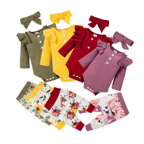 PatPat Newborn Baby Girl Clothes Rose Floral Long Sleeve Romper And Pants Outfit Set With Headband Size 0-3 Months
