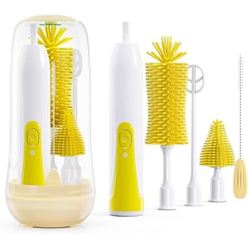 Festiva Electric Bottle Brush Cleaner - Baby Bottle Brush Set with Bottle Brush, Mixing Head, Nipple & Straw Brush, Baby Travel Essential, (Yellow)