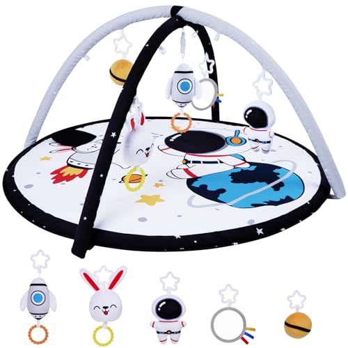 Lovvie & Joy Baby Play Activity Gym Tummy Time Mat for Newborn Infant,Baby Gyms & Playmats for Babies 0-6 9 12 Months with 5 Toys for Early Sensory Exploration and Motor Skill Development Space