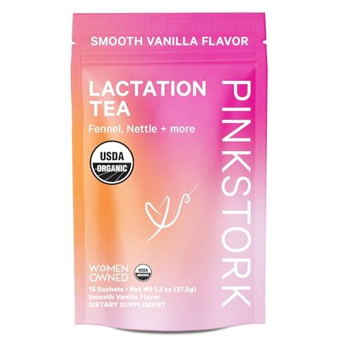 Pink Stork Organic Lactation Support Tea for Breast Milk Supply - Fenugreek, Milk Thistle, + Fennel - Breastfeeding Essentials, Caffeine-Free - Hot or Iced - 15 Sachets, Smooth Vanilla
