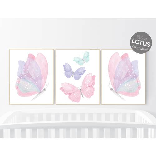 Butterfly nursery decor, pastel nursery decor, girl room decor, girl nursery, butterfly prints, pink nursery, purple nursery, teal nursery