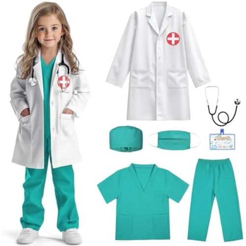 Kids Doctor Costume Set, Lab Coat Scrubs with Stethoscope,7PCS