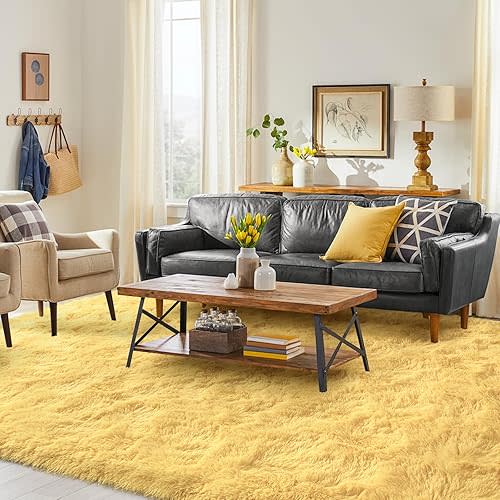 FinRèc Soft Yellow Rugs for Bedroom Living Room, 5x7 Feet Fluffy Shaggy Area Rug, Non-Slip Fuzzy Furry Shag Rug for Nursery Kids Room Dorm Room Home Decor, Indoor Plush Floor Carpet