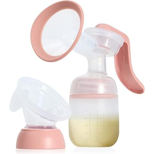 Frida Mom 2-in-1 Manual Breast Pump with Hands-Free Silicone Suction Cup, Milk Collector, Wireless Ergonomic Handle, and SoftFeel Flange for Breastfeeding