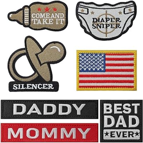 7PCS Daddy Tactical Patches Hook and Loop Patches for Dad Funny Tactical Patches Include Pacifier, Diaper, Bottle, and Flag Patches for Hats, Coats, Diaper Bags, Lunch Bags, Coats(Style2)