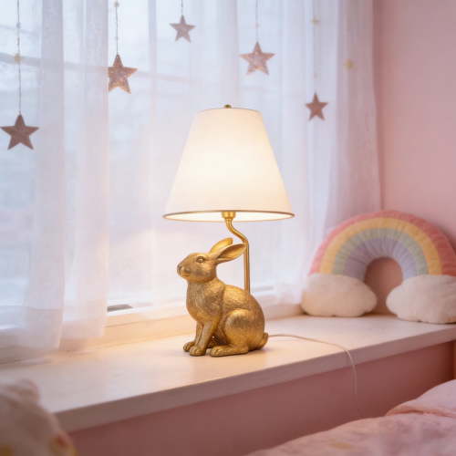 Bunny Table Lamp,Cute Animal Rabbit Lamp,Vintage LED Desk Light with Linen Lampshade,Gold Main Part Beside Lamp for Bedroom,Study Room, Office,Nursery,Home Decor 18.5"