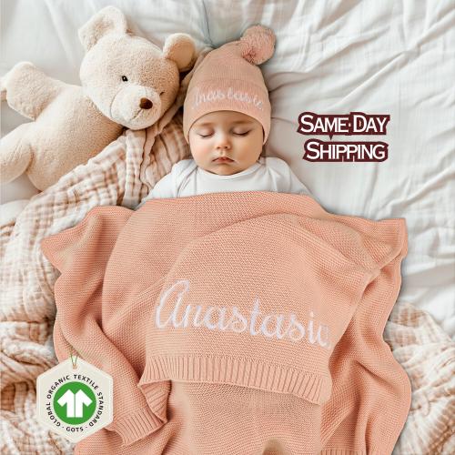 Organic Baby Blanket, Personalized Baby Blanket, Newborn Gift, Cotton Knit Name Blanket, Custom Blanket, Baby Shower Gift for Baby Girl Boy