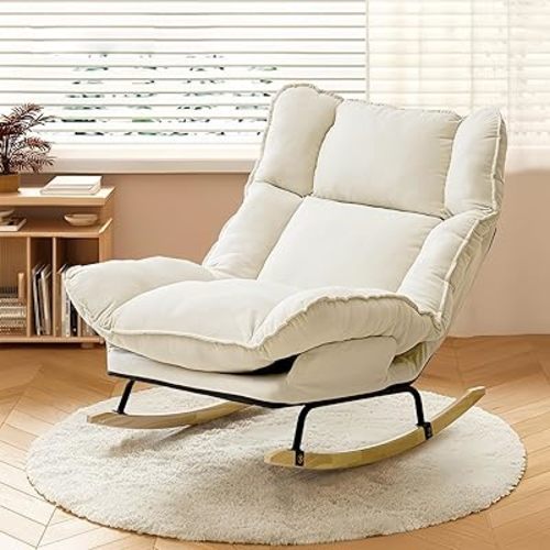 Rocking Chair with Adjustable High Backrest, Extra-Wide Upholstered Glider Rocker with Pillow, Comfy Accent Chair for Living Room Bedroom