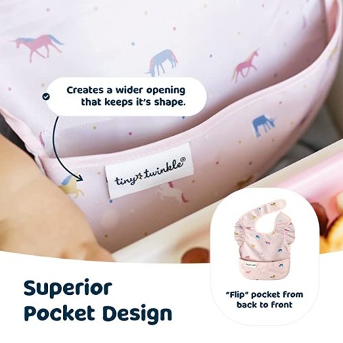 Tiny Twinkle Mess-Proof Baby Bib - Waterproof Bib for Baby Boy or Girl - Machine Washable - Adjustable Closure - PVC, BPA, & Phthalate Free - Great for Travel - Baby Food Bibs (3 Pack, Boho Unicorn)