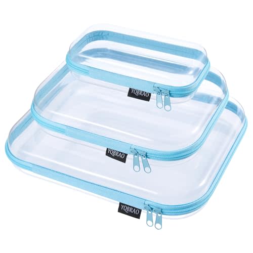 YQBRAO 3-Pack Clear Hard Shell Zipper Case Blue, 1.2mm Heavy-Duty Crush-Proof Travel Makeup Bag, Multi-Size (L+M+S) Diaper Bag Organizer Pouches, Rigid Clear Zipper Pouches for Tech, Toys & Home