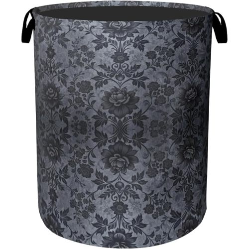 Black Damask Flower Laundry Basket - Large Laundry Hamper with Handles, Space Saving Foldable Design for Nursery