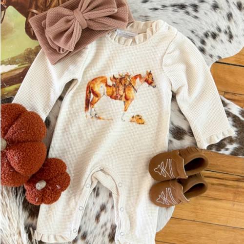 Western Fall Paint Horse Graphic Design Waffle Romper(cream)(little kid)