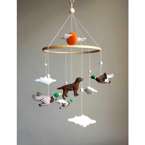 Duck hunting baby mobile. Chesapeake bay Retriever. Chocolate Labrador. Mallard duck mobile. Custom dog baby mobile. Duck nursery decor.