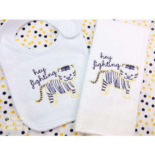 Tiger Bib, Purple and Gold Bib, Hey Fighting Tiger, Football Bib, Embroidered Bib, Tiger Burp Cloth
