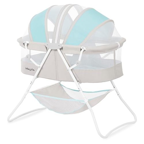 Dream On Me Karley Bassinet, Award Winner Lightweight Travel Baby Bassinet, Foldable Bedside Sleeper, Adjustable Double Canopy, Spacious Design, Soft Fabric, Storage Basket – Blue and Grey