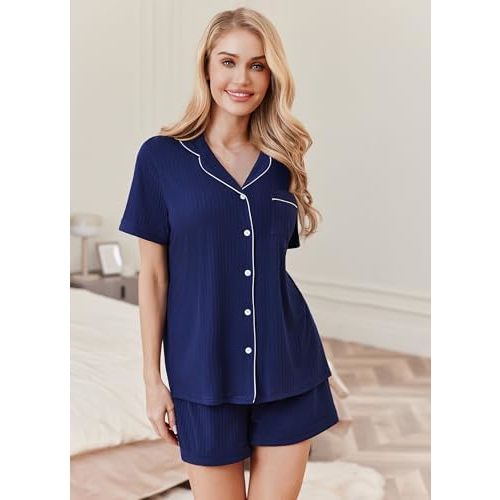 Ekouaer Womens Pajamas 2 Piece Ribbed Knit Pjs Button Down Sleepwear Set Summer Casual Loungewear Lounge Sets