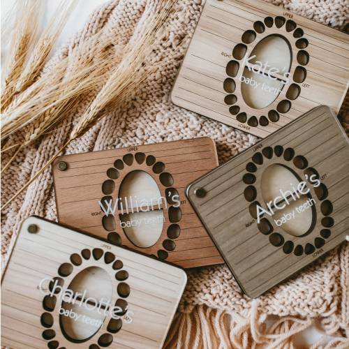Personalized Wooden Baby Tooth Storage Box - Hickory