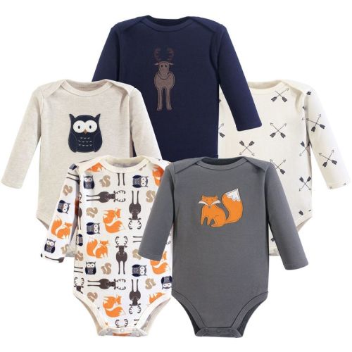 Hudson Baby Infant Boy Cotton Long-sleeve Bodysuits 5pk, Forest, 6-9 Months