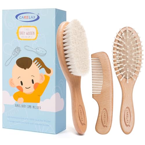 Baby Hair Brush & Comb Set, Organic Wooden Hairbrush Natural Goat Bristles 3-Piece for Newborns & Toddlers, Ideal for Cradle Cap & Itching, Perfect Shower and Registry Gift for Infant, Toddler, Kids
