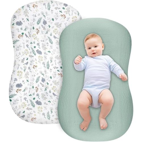 Muslin Baby Lounger Cover, 2 Pack Muslin Cotton Newborn Lounger Cover for Girls Boys, Soft Removable Slipcover for for Infant Lounger, Green Rabbit