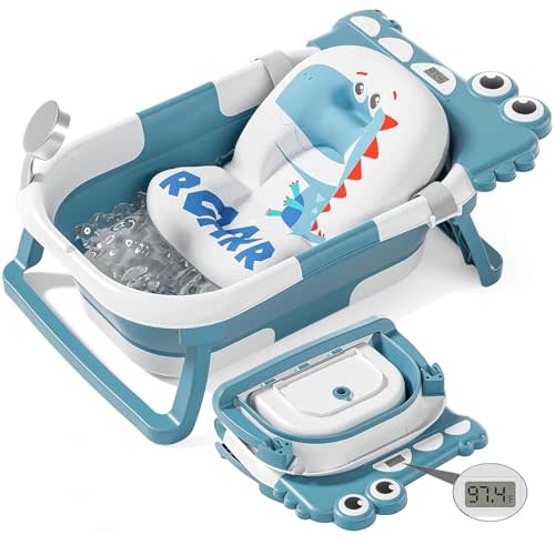 TPN Collapsible Baby Bathtub, Baby Bath Tub with Soft Cushion & Real-Time Thermometer, Baby Bathtub Infant to Toddler Tub (0-36 Months), Portable Newborn Travel Bath tub