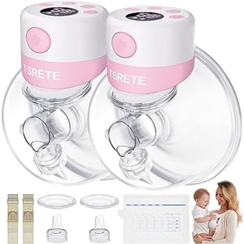 TSRETE Double Wearable Breast Pump, Electric Hands-Free Breast Pumps with 2 Modes, 9 Levels, LCD Display, Memory Function Rechargeable Milk Extractor-24mm Flange, Pink