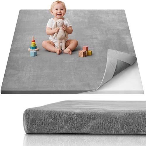 Blissful Diary 1.3" Thick Baby Play Mat, 50x50 Playpen Mat with Removable & Washable Cover, Ultra Soft Crawling Rug for Floor, Foam Cushion & Non-Slip Backing for Kid, Toddlers and Infants, Light Grey