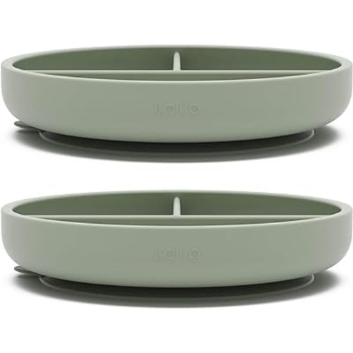 Lalo Suction Plates - 2 Pack, 100% Silicone Non-Toxic BPA-Free Baby Plates with Suction Base To Prevent Accidental Tip-Overs - Suction Plates for Toddlers With Three Divided Sections - Sage