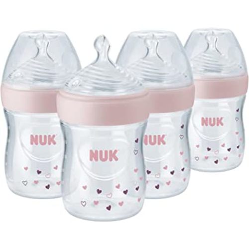 NUK Simply Natural Baby Bottle with SafeTemp, 5 oz, 4 Pack, Pink Hearts