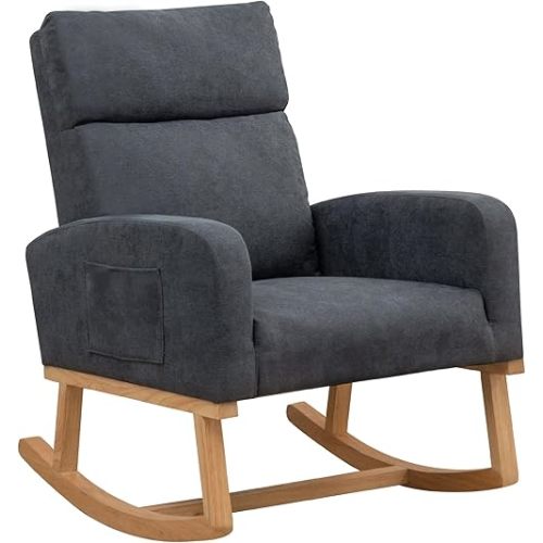 Nursery Rocking Chair, Modern Nursing Chair for Mom, Accent Upholstered Rocker Glider Chair with High Backrest for Nursery Bedroom Living Room (Grey)