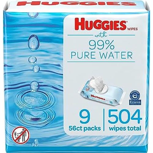 Huggies 99% Pure Water Baby Wipes, Unscented, 9 flip-top packs (3 Packs of 3), 504 Wipes Total, Packaging May Vary
