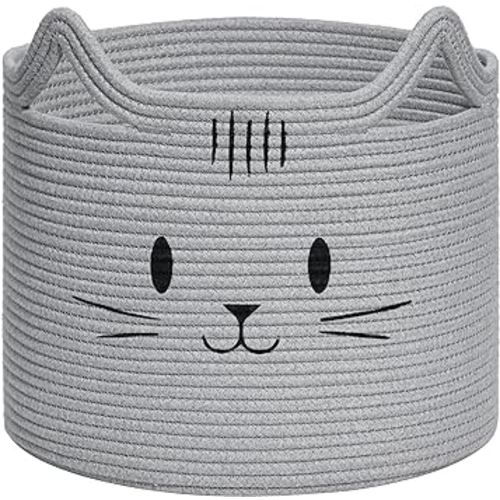 INDRESSME Baby Basket, Cat Toy Basket with Handles, Cotton Rope Basket for Nursery, Gift Basket Empty, Decorative Basket for Living Room and Bedroom, 13.8"D x 11.8"H, Grey