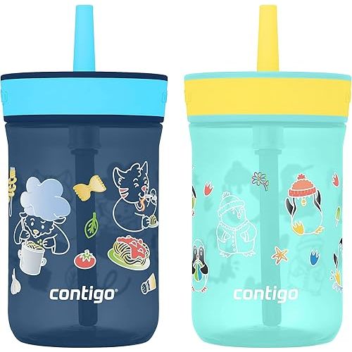Contigo Leighton Kids 14oz 2-Pack Plastic Water Bottles, Spill-Proof Tumblers with Straws, Blueberry/Spaghetti & Jade/Penguin, Dishwasher Safe, Suitable for Toddlers 1-3 Years