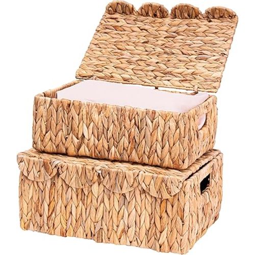 Scalloped Edge Wicker Basket with Lids, Rectangle Wicker Storage Basket with Built-in Handles, Multipurpose Organizer Rattan Display Boxes for Shelf, Nursery Room, Set of 2