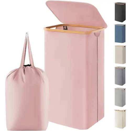 Lifewit 100L Laundry Basket with Lid, Clothes Hampers for Laundry with Bamboo Handles and 1 Removable Bag, Large Foldable Laundry Hamper for Bedroom, Bathroom, Dorm, Laundry Room, Pink