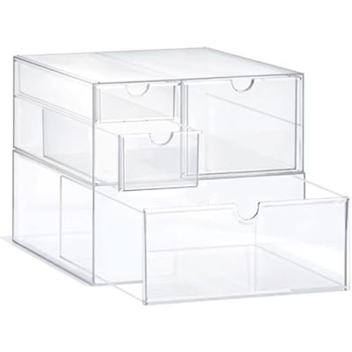 Prsildan Acrylic Drawer Makeup Organizer with 4 Drawers, Set of 2 Office Desk Organizers Accessories, Clear Stackable Storage Drawers for Vanity, Countertop, Craft, Jewelry, Art Supply Organization
