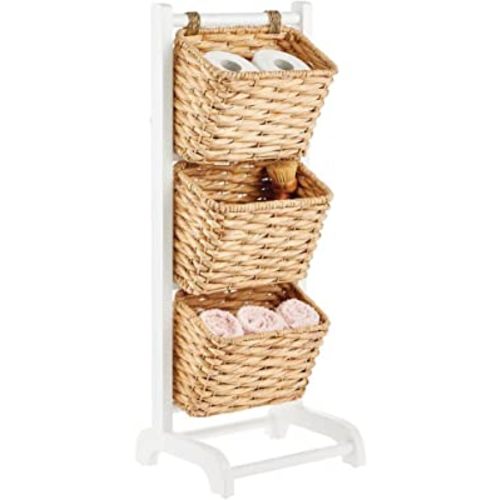 mDesign Water Hyacinth 3-Tiered Storage Baskets Floor Stand with Market Basket Storage Bins - Vertical Standing Rack for Living Room, Laundry, Bedroom, Bathroom, Office Organization - White/Natural