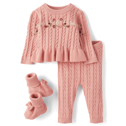 Baby Girls Embroidered Floral Cable Knit Sweater 3-Piece Outfit Set - Homegrown by Gymboree - Pink