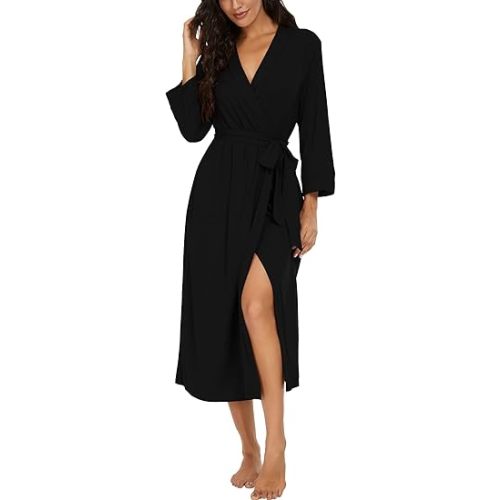 VINTATRE Women Kimono Robes Long Knit Bathrobe Lightweight Soft Knit Sleepwear V-neck Casual Ladies Loungewear - XX-Large - Black