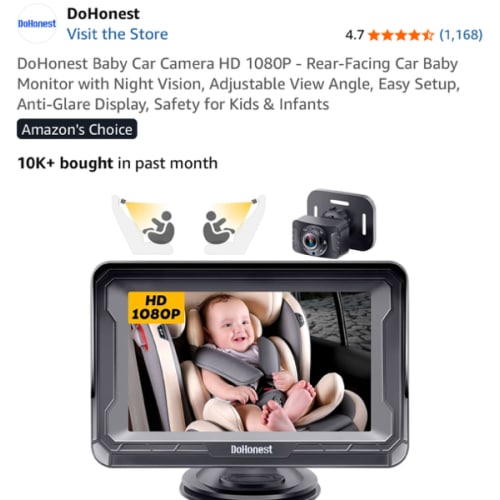 DoHonest Baby Car Camera HD 1080P - Rear-Facing Car Baby Monitor with Night Vision, Adjustable View Angle, Easy Setup, Anti-Glare Display, Safety for Kids & Infants