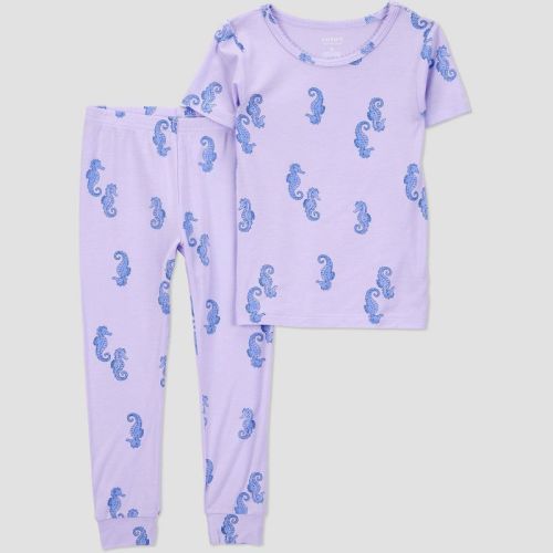 Carter's Just One You®️ Toddler Girls' 2pc Snug Fit Sea Horses Comfy Soft Pajama Set - Purple 12M: Crew Neck, Elastic Waist