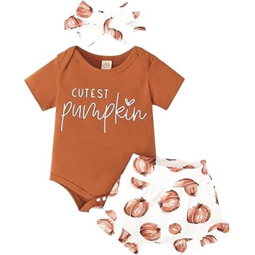 Baby Girl Halloween Outfit Pumpkin Romper+Ruffle Shorts Set+Headband Newborn Fall Clothes Thanksgiving Clothing